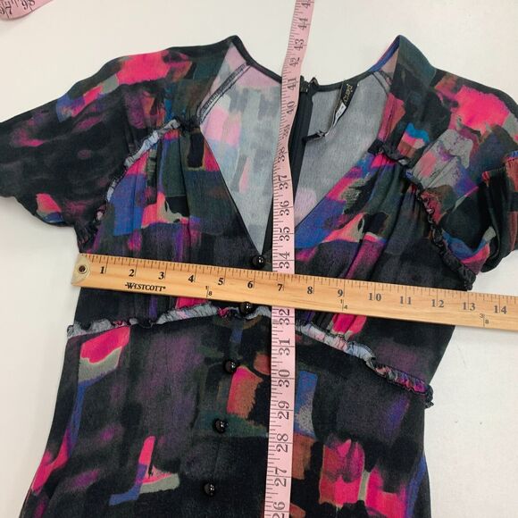 Plenty Tracy Reese Midi Dress XSP Petite Back Zip Round Buttons Puff Sleeve Geo - Picture 10 of 16